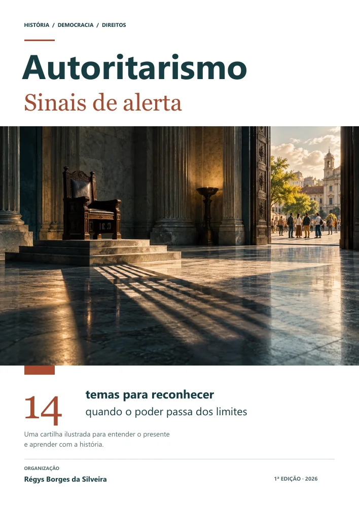 Capa da cartilha Autoritarismo: sinais de alerta, com uma ilustração de um edifício monumental e pessoas ao fundo.